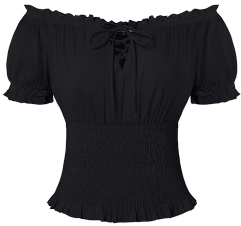 SCARLET DARKNESS Womens Summer Tops Cotton Short Sleeve Smocked Blouses Lace-up Off Shoulder Renaissance Pirate Shirts