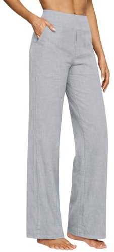 Pantaloni Donna Estivi in Cotone e Lino Eleganti Elastico Vita Alta Pantaloni Donna Larghi Curvy Leggeri e Comodi a Gamba Larga Casual Yoga Pantalone Gamba Dritta con Tasche per Business Ufficio