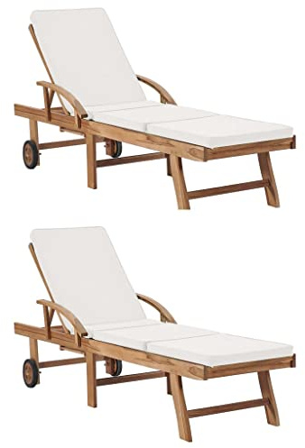 ZIRLANLV Tumbona de Teca Maciza con Cojines, 2 Ruedas, Tumbona de Madera Enrollable, Muebles de Jardín (Crema 2 Piezas)
