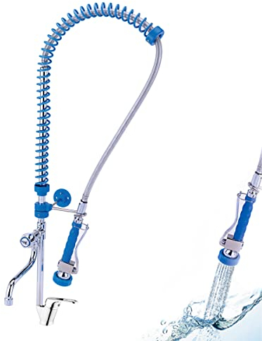 GOLDMAN SERVICE | Robinet monocommande industriel extensible pour évier de cuisine hôtellerie + douchette flexible pulvérisateur + bec haut