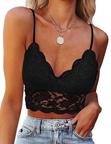 heekpek Debardeur Femme Eté en Dentelle Sexy Col en V Haut Chic Bralettes Bretelles Spaghetti Haut Court Crop Top