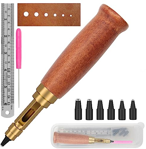 Japanese Screw Punch, Boyistar Wood Handle Belt Hole Puncher, Adjustable Leather Hole Punch Tool (Brown)
