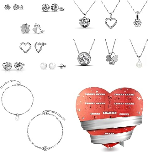 MYC-PARIS - Adventskalender Herz 14 Schmuck rhodiniert Messing mit österreichischen Kristallen - Geschenk zum Geburtstag, Muttertag, Weihnachten, silber