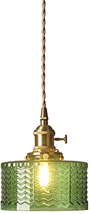 EKSED Lámpara colgante de latón con pantalla de vidrio de rayas verticales, interruptor giratorio y cable trenzado dorado - Accesorio de lámpara colgante de techo (Costilla verde)