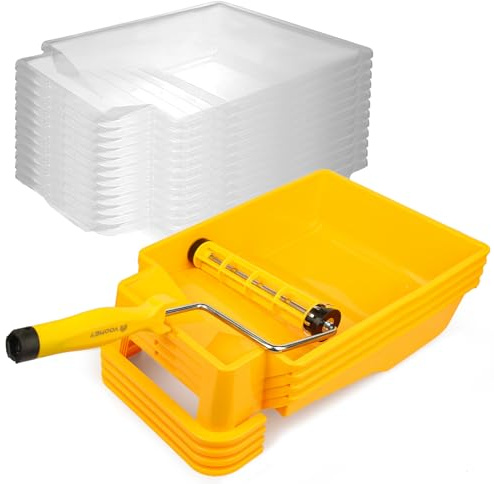 VOOMEY 9 Inch Foot-Operated Paint Tray，Paint Roller Frame,12 Pcs Paint Tray Liner with 4 Set Paint Roller Trays，House Painting Supplies