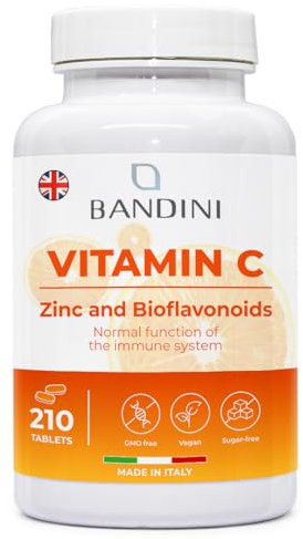 Bandini® Vitamina C 1.000mg + Zinco 210 Compresse (+7 Mesi) | Sistema Immunitario, Pelle, Ossa, Unghie, Capelli | Integratore con Acido Ascorbico ad Alto Dosaggio e Bioflavonoidi 100% Vegan