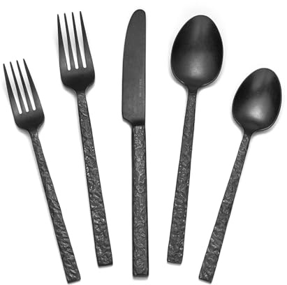 KINGSTONE 20 Pcs Black Hammered Silverware Set for 4, 18/10 Stainless Steel Heavy Duty Flatware Set, Tableware Cutlery Utensil Sets for Home Restaurant Dishwasher Safe