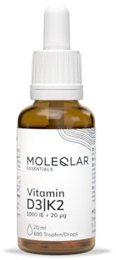 MoleQlar Vitamin D3 K2 Tropfen - 1000 I.E. Vitamin D3 + 20 μg all-trans Vitamin K2 M-K7 pro Tropfen - Hoch bioverfügbar dank MCT-Öl - vegetarisch & ohne Zusätze - Vitamin Öl