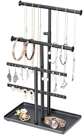 Josmimic Présentoir à Bijoux et Colliers : Grande Capacité, Réglable – Rangement Robuste pour Boucles D'oreilles, Bracelets, Montres, Noir