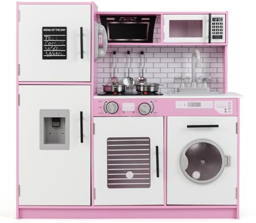 GYMAX Kids Play Kitchen, Wooden Toy Kitchen with Microwave, Water Dispenser, Washing Machine, Oven, Stove, Sounds, Lights, Telephone&Accessories, Children Cooking Role Playset for 3+ Years Old (Pink)