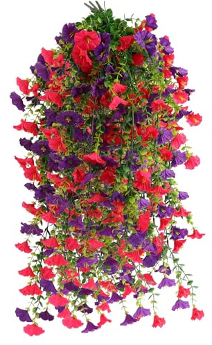 msymsyu 80cm Flores Colgantes Artificiales, 4Pcs Plantas Colgantes Artificiales Exterior, Flores Artificiale Exterior, Ideales para Interiores y Exteriores, Balcones, del Hogar (Rosa-Violeta)