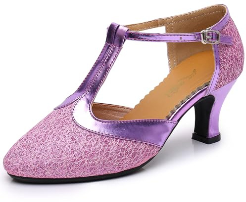 WUIWUIYU Women Dance Glittery Shoes 2.2 Heels T-Strap Dancing Heeled Pumps for Ballroom Salsa Tango Flamenco Latin Paso Doble Footwears Blue Size 7