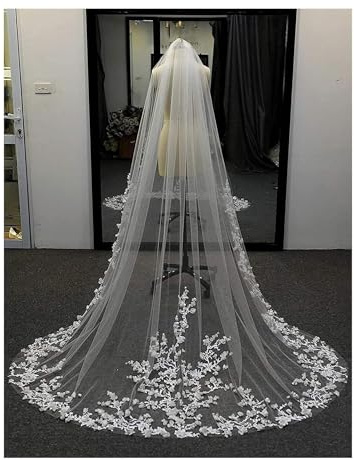 Bröllopsslöja, Brudslöjor 3D Blommor Blommig Slöja 1 Nivå Lång Katedral Spetskant Utsökta Eleganta(Off white,250cm)