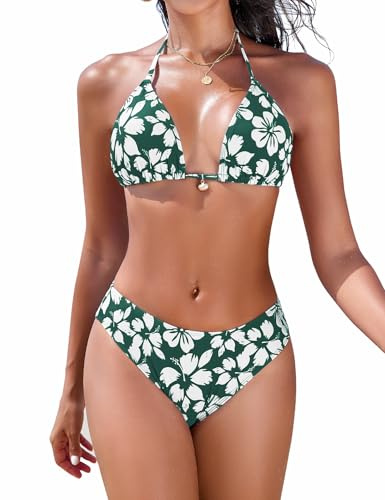 Nadeer Bikiniset för kvinnor, triangel bikini, sexig halterneck, bikiniöverdel, blommönster, push-up, tvådelad baddräkt, hög midja, bikinibyxor, Grön blomma, M