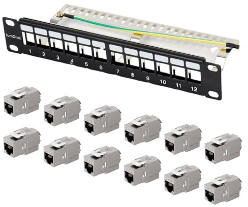 Lumonic 10 Patchpanel CAT7 Keystone set | 12 Port, 1U med märkningsfält | inkl. 12x CAT7-moduler verktygslösa, 10 Gbit/s | Rackmontering | Svart patchpanel | Kabelhantering | PoE