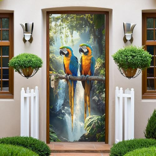 Verde Carta Parati Porta pappagallo della foresta Fotomurali Autoadesivi Per Porte In Vinile, Impermeabile Carta da Parati Soggiorno Cucina Camerette Applique Poster 90 x 200 cm