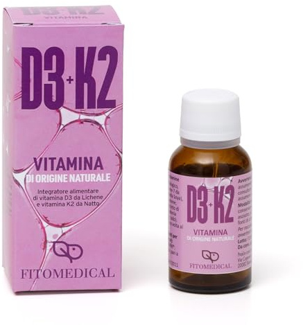 Fitomedical Vitamina D3+K2, Integratore Alimentare in Gocce, 20ml, Vitamina D3 e K2 Naturale, Vegano, Senza Glutine e Lattosio, Per Ossa e Sistema Immunitario
