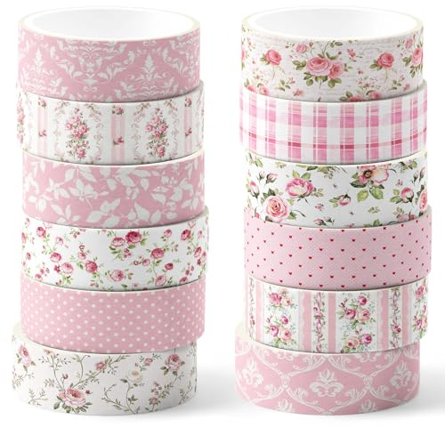 VelvetGlow 12 Rolls Watercolor Floral Washi Tape Set 15 mm Vintage Flower Decorative Masking Tape for Arts DIY Craft Scrapbook Envelope Party Supplies Gift Wrapping(Light Pink,Polka Dots and Floral)