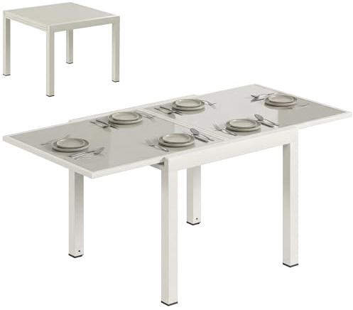 Outsunny Tavolo da Giardino Allungabile per 4-8 Persone, 90/180x90 cm Tavolo da Pranzo Estensibile da Esterno in Alluminio con Piano in Vetro Temperato, per Patio Terrazzo Balcone, Bianco Crema