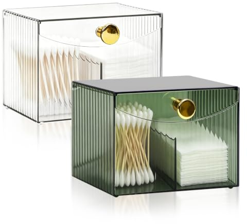 SHILIPAIJC Lot de 2 boîtes de rangement pour cotons-tiges avec couvercle, distributeur de cotons-tiges, organisateur de cosmétiques avec compartiments, organiseur de coiffeuse, boîte de rangement pour