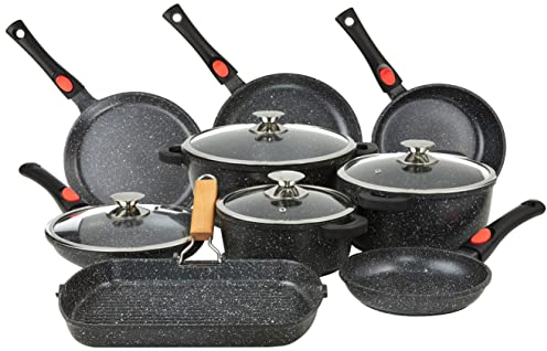 Kamberg Batería de Cocina de 24 Piezas, aluminio fundido, revestimiento piedra, todo tipo de fuentes de calor, incluida la inducción, mango extraíble, sin PFOA, negro