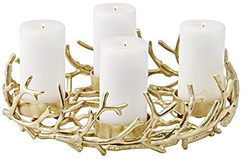 Edzard Corona de Adviento Porus, diseño en asta, Aluminio niquelado, Color Oro, diámetro 42 cm, para Velas con 8cm de diámetro