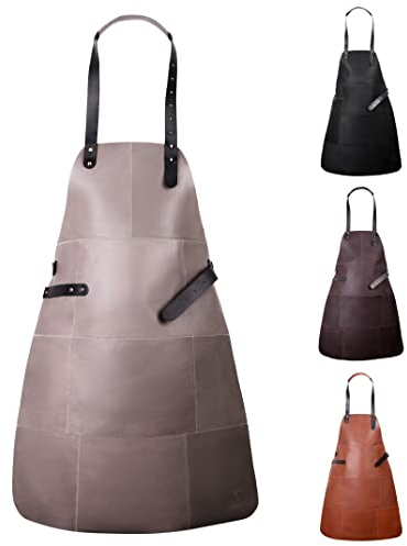 Livorio Premium Lederschürze aus hochwertigem Rauleder - Grillschürze - Kochschürze - Kellnerschürze - grau beige