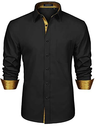 HISDERN Chemise contrastee Interieure pour Hommes Decontracte Formel Classique a Manches Longues col Coupe reguliere,M,Noir-2