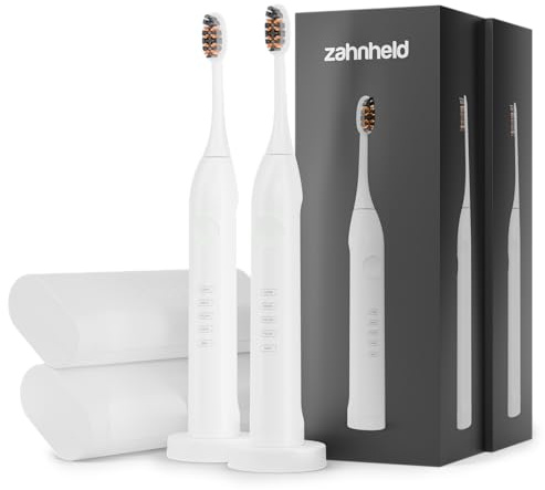 ZAHNHELD® Doppelpack, 2x elektrische Schallzahnbürsten GERO G3, inkl. 2x Bürstenköpfe & 2x Reiseetuis | Für eine sanfte & effektive Reinigung