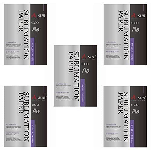 A-SUB Papel de Sublimación A3, 297x420mm, 500 Hojas, Compatible con Impresoras de Sublimación EPSON, SAWGRASS, RICOH, Brother