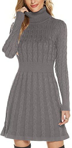 QUNERY Vestito Donna Invernale Elegante,Abito in Maglia Manica Lunga Collo Alto per Autunno,Vestiti Maglione Elasticizzato Casual B-Grigio-A Line L