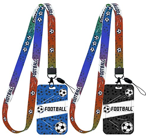 Tarjetero con cordón, 2 Pcak diseño de fútbol funda para identificación con cinta Cool Funda para identificación con cordón para jóvenes y hombres, aficionados al fútbol (patrón de fútbol)
