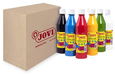 Jovi - Tempera liquide, boîte de 6 bouteilles de 500 ml, couleurs primaires, peinture à base d'ingrédients naturels, facile à laver, sans gluten, idéale pour un usage scolaire (506/6A)