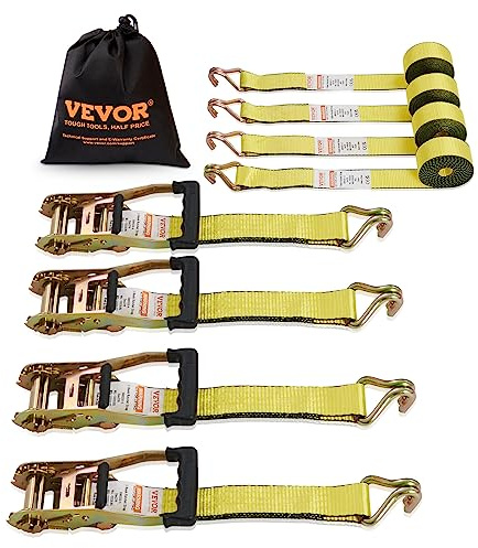 VEVOR 2 x 15' Ratchet Straps Heavy Duty (4PK), 5000 lb Break Strength, Double J Hook Includes 4 Premium Rachet Tie Downs with Padded Handles, for Moving Securing Cargo, Appliances, Lawn Equipment