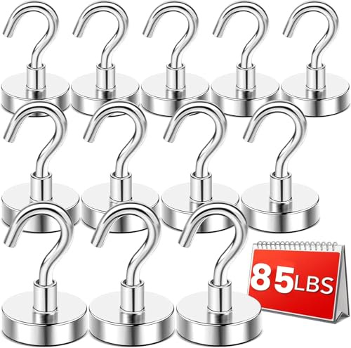 DIYMAG Magnetic Hooks Heavy Duty, 85 LBS Neodymium Magnet Hooks for Home, Kitchen, Workplace, Office, Garage and Indoor Hanging, Silver, Pack of 12