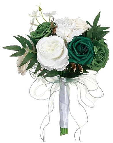 Easnea Konstgjorda blommor, bröllopsbuketter, rosbukett, fuskblommor, bukett, silke, brudbukett, silke, rosor, brud, bröllopsbukett, brudtärna, buketter för bröllopsdekoration (grönvit)