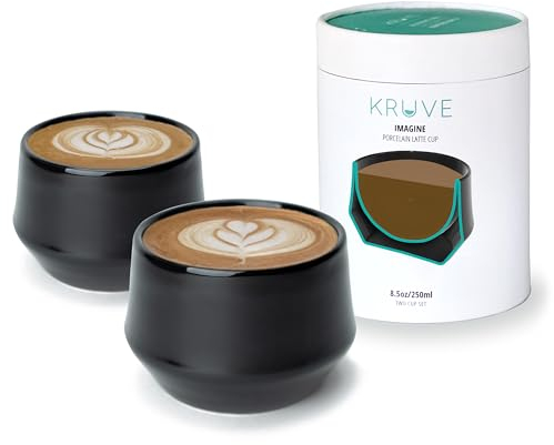 KRUVE Imagine Porcelain Latte Coffee Cups, Double Walled Espresso Cups, Glass Cups Set of Two - 8.5oz Thermal Spherical Design for Latte Art, Insulated Coffee Mugs for Heat Retention (Black)