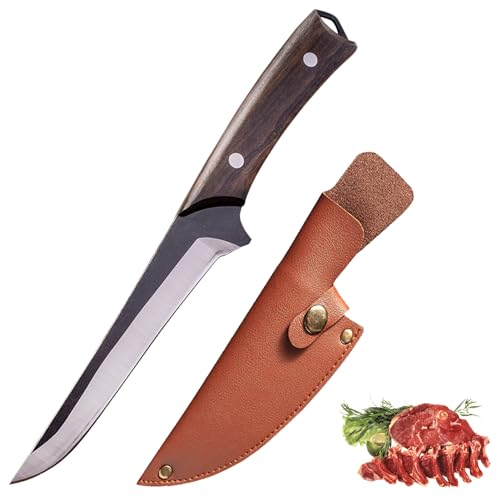 Fubinaty Couteau de cuisine Couteau à désosser forgé à la main en acier à haute teneur en carbone Couteau de chasse Full Tang Couteau de cuisine en plein air avec étui en cuir et manche en bois