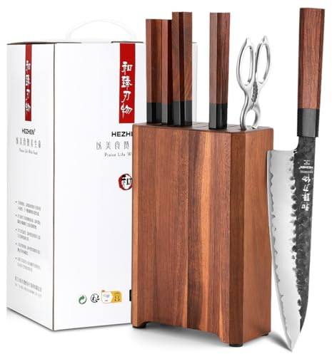 HEZHEN Bloques de Cuchillos Juego de Cuchillos de Cocina, Couteaux de Chef Set Cuchillos Cocina,Cuchillo Santoku Estilo Japonés, Tijeras de Cocina Bloque de Cuchillos de Madera de Acacia