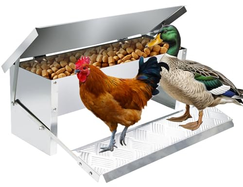 Futterautomat Hühner 5KG Futterspender mit Automatisches Pedal und Wasserfest Decke Hühnerfutter Automat Selbstöffnender Futtertrog Hühner Futterspender
