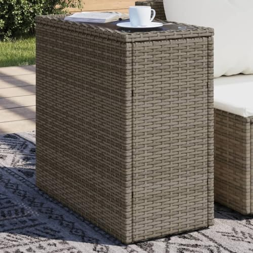 ZEYUAN Garten-Beistelltisch mit Glasplatte Grau 58x27,5x55 cm Rattan, Gartentisch, Terrassentisch, Esstisch Garten, Balkontisch, Gartenesstisch, Gartenmöbel, Partytisch - 366133