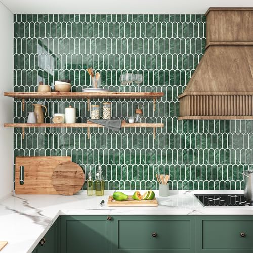 VEELIKE Long Fish Scale Wall Tiles Self Adhesive Tiles for Kitchen Peel and Stick Tile Backsplash Green Vinyl Wall Tile Stickers 6 Sheets Stick on Bathroom Waterproof Removable 30.5 cm × 30.5 cm