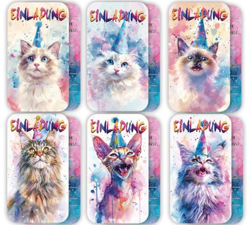 ZELAITE Lot de 12 cartes d'invitation au motif de chat mignon pour anniversaire d'enfant garçons et filles - Élégantes - Cartes d'invitation d'anniversaire - Invitations d'anniversaire - Invitations