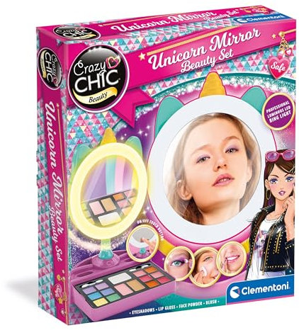 Clementoni Crazy Chic - Make-up Unicorn Mirror, Trousse Trucco Lavabile per Bambine 6+ Anni, Set Completo con Cosmetici e LED Ring Light, Gioco Creativo e Idea Regalo, 18855
