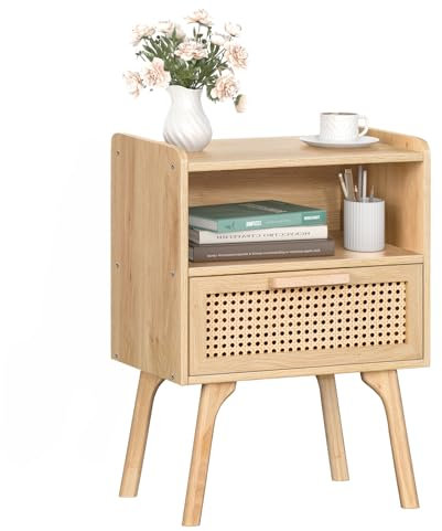 LELELINKY Nachttisch Rattan, Kleiner Beistelltisch mit Rattan Dekoriert Schubladen und Offenem Regal, Nachttische Holz Boho, Nachtkommode mit Tischbeine aus Massiv für Wohnzimmer, Schlafzimmer, Natur