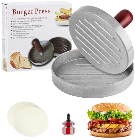 LiuHancsqd Pressa per Hamburger, Stampo per Hamburger, 12 cm Pressa Hamburger in Alluminio, Macchina per Hamburger Attrezzo BBQ Grill Cucina, mit 100 Carta Antiaderente, 1 Cacciavite