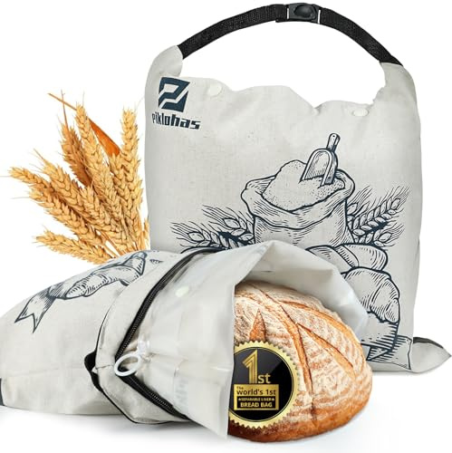 Piklohas Detachable Sourdough Bread Bags, 2 Sets Bread Storage for Homemade Bread, Reusable Linen Food Storage with Lining & Triple Lock for Fresh Keeping, BPA Free, Ideal for Gifts