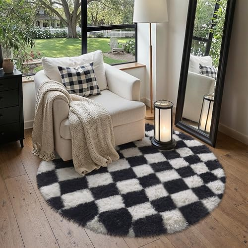 HUGEAR Alfombra Redonda 120cm Negro Blanco Antideslizante