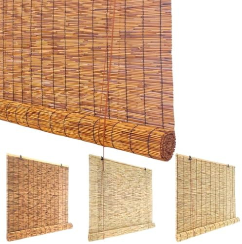 Rollo Bambus Outdoor Bambusrollo Sichtschutz Bambus Rollos Wetterfest Sichtschutz Raffrollo Für Fenster 55 60 85 95 100 115 120 135 140 150 160 175 180cm Breite Sonnenschutz Jalousien(Natür Schwarz Li