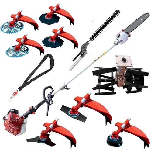 Synergy Desbrozadora Multifunción Gasolina 10 en 1 65cc 4,9cv Motor 2T, Cuchillas Helicoidales, Cortasetos, Podadora, 6 Discos y Cabezal Automático, Arnés Profesional y Kit de Protección